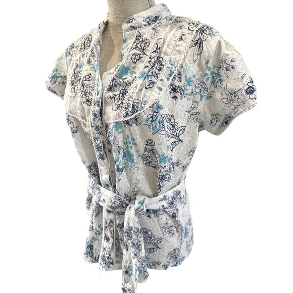 Point Zero Womens Large Floral Button-Up Blouse With Tie Belt L - Picture 2 of 7